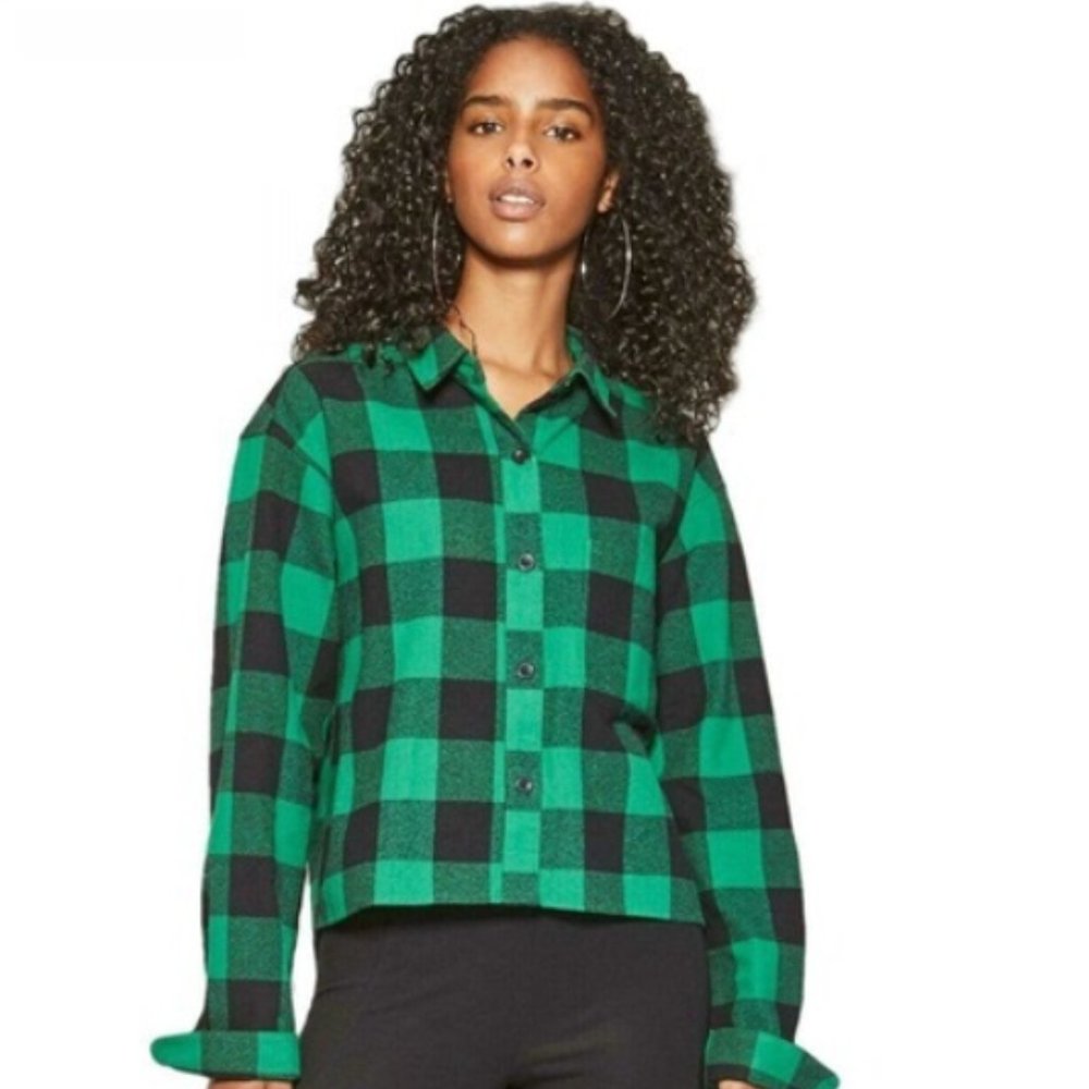 Wild Fable green black buffalo plaid button down flannel holiday shirt XS